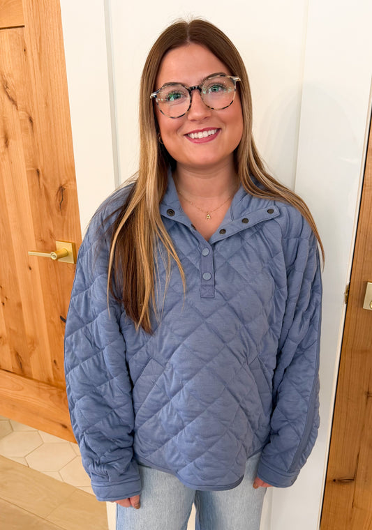 Quilted Button Pullover, Iron Blue