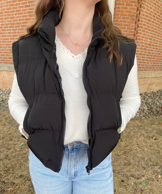 Side Bow Tie Front Zipper Crop Puffer Vest, Black