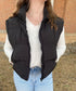 Side Bow Tie Front Zipper Crop Puffer Vest, Black