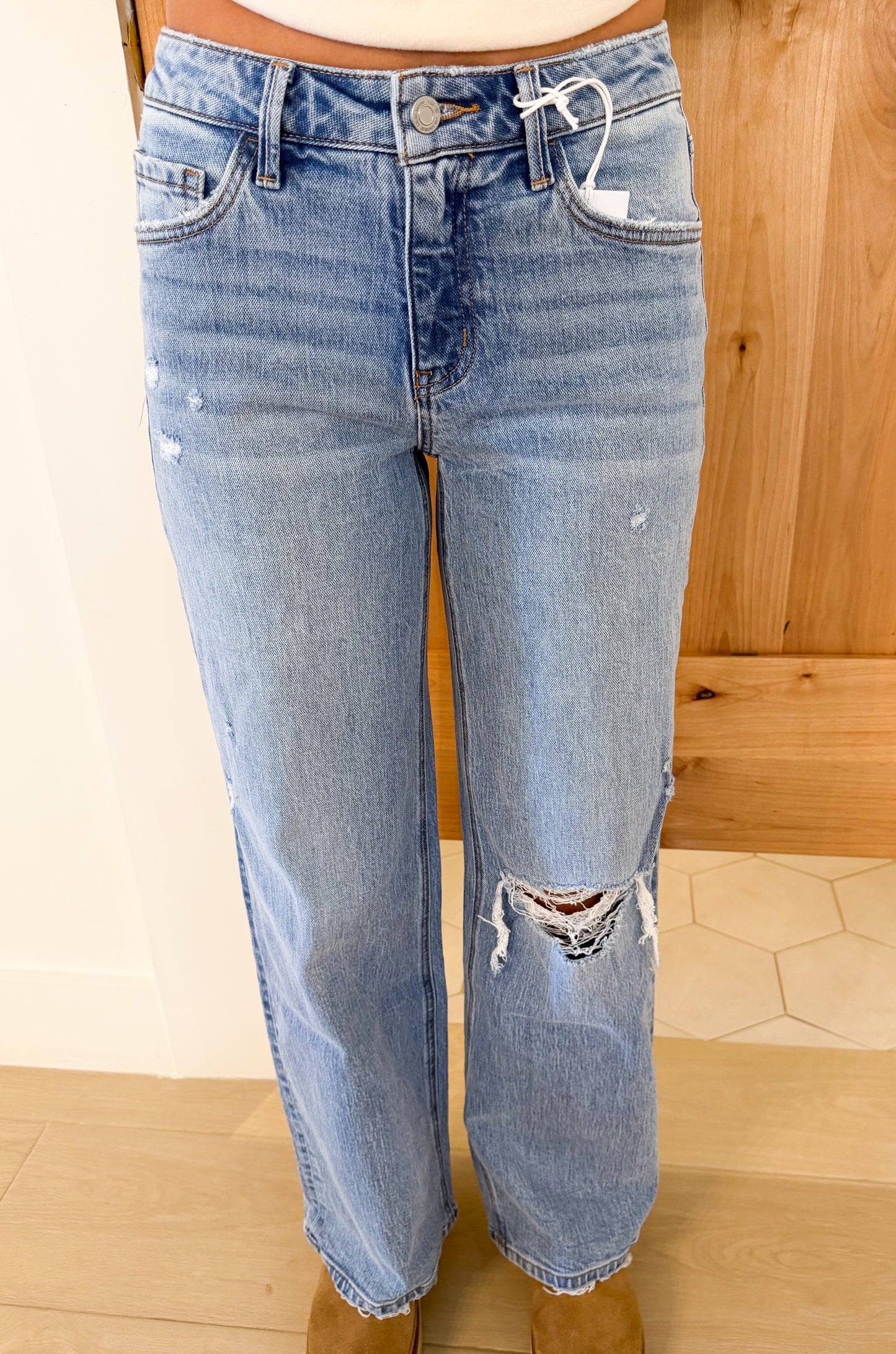 Vervet Mid Rise Medium Light Wash Distressed Wide Jeans