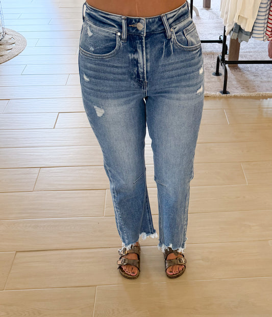 Risen High Rise Crop Straight Distressed Jeans