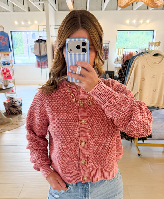 Mineral-Washed Waffle Button-Down Cardigan, Pale Mauve