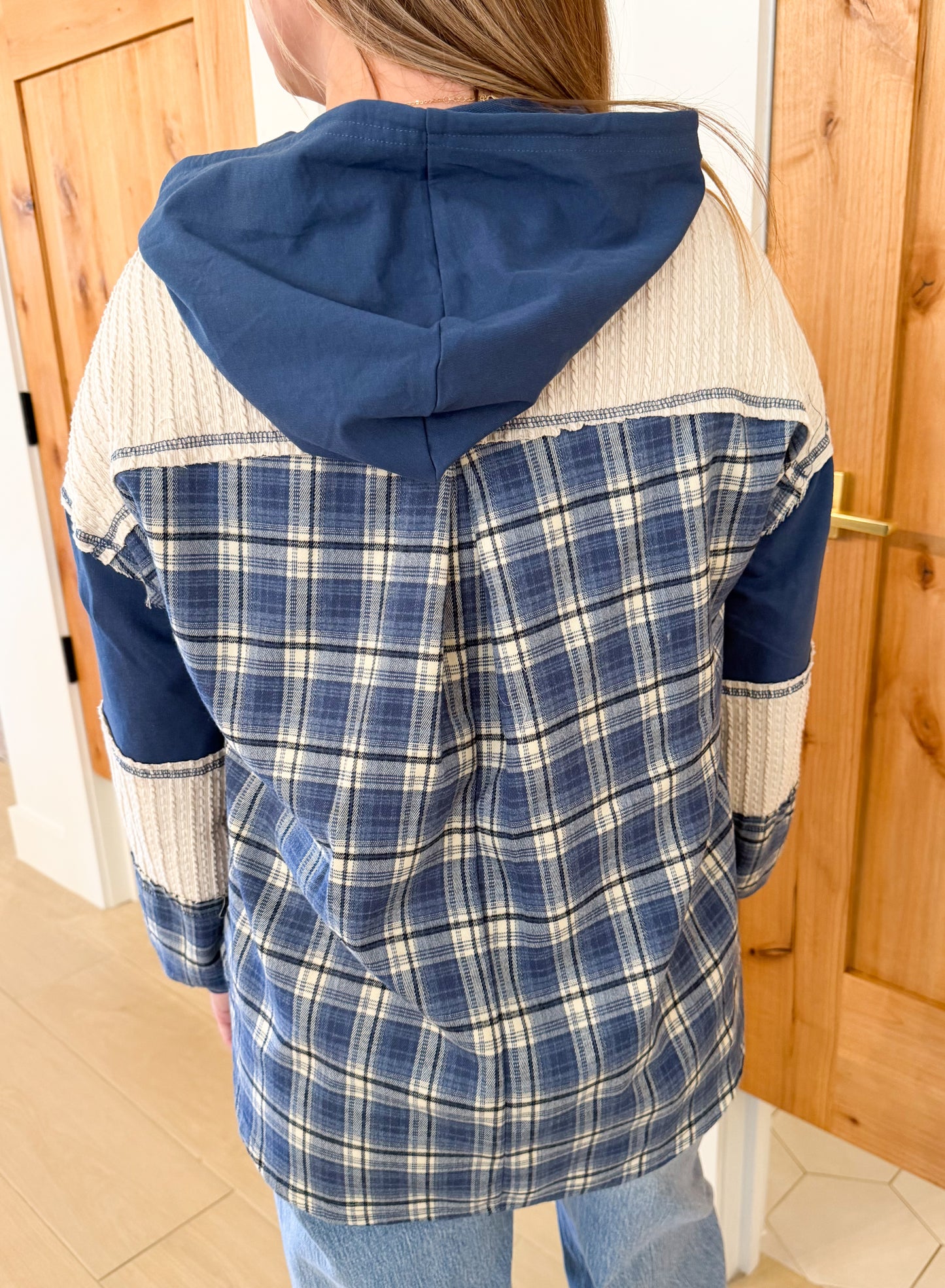 Plaid Contrast Hoodie Pullover, Denim