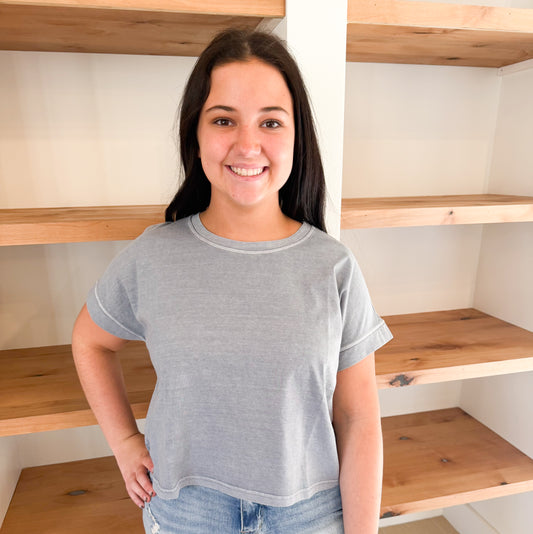 Washed Short Sleeve Boxy Tee, Slate Blue