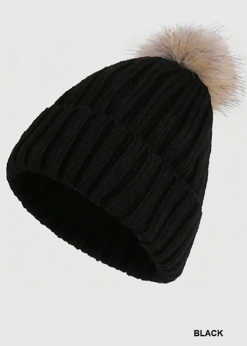 Ribbed Knitted Pom Pom Beanie