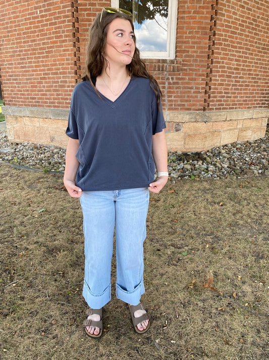 Washed Raw Edge V Neck Short Sleeve Knit Top, Navy