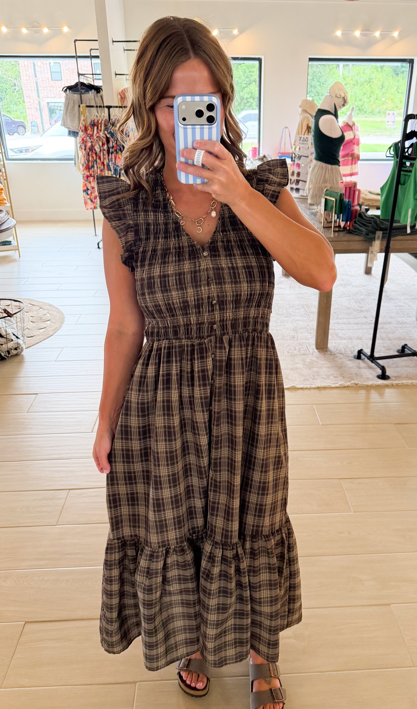 Plaid Smocked Ruffled Midi Dress