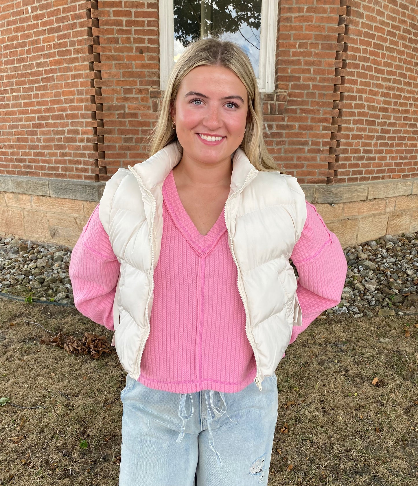 Side Bow Tie Front Zipper Crop Puffer Vest, Ecru