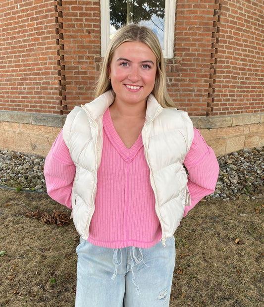 Side Bow Tie Front Zipper Crop Puffer Vest, Ecru