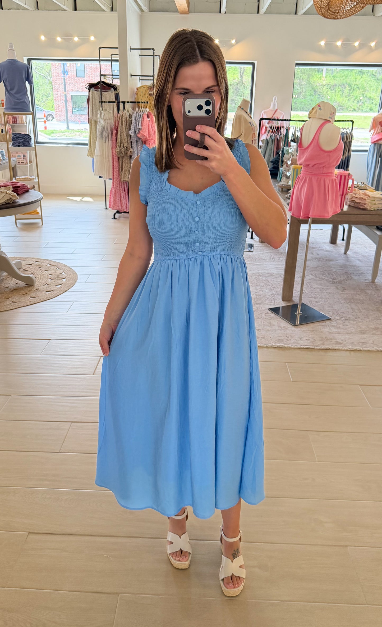 Sweetheart Smocked Midi Dress, Blue