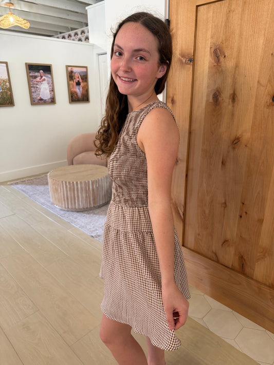 Gingham Sleeveless Smocked Mini Dress, Brown
