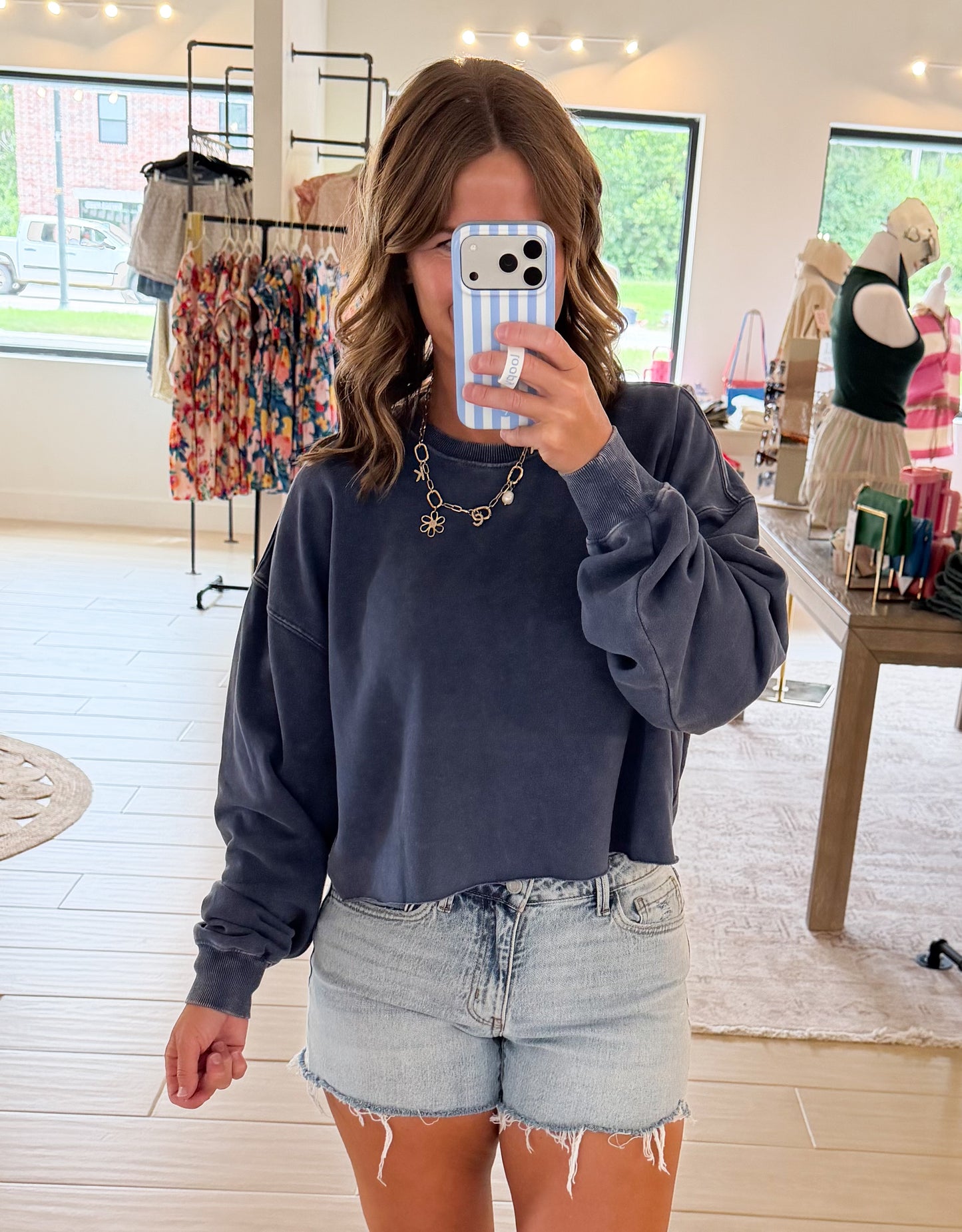 Mineral Wash Cropped Sweatshirt, Navy