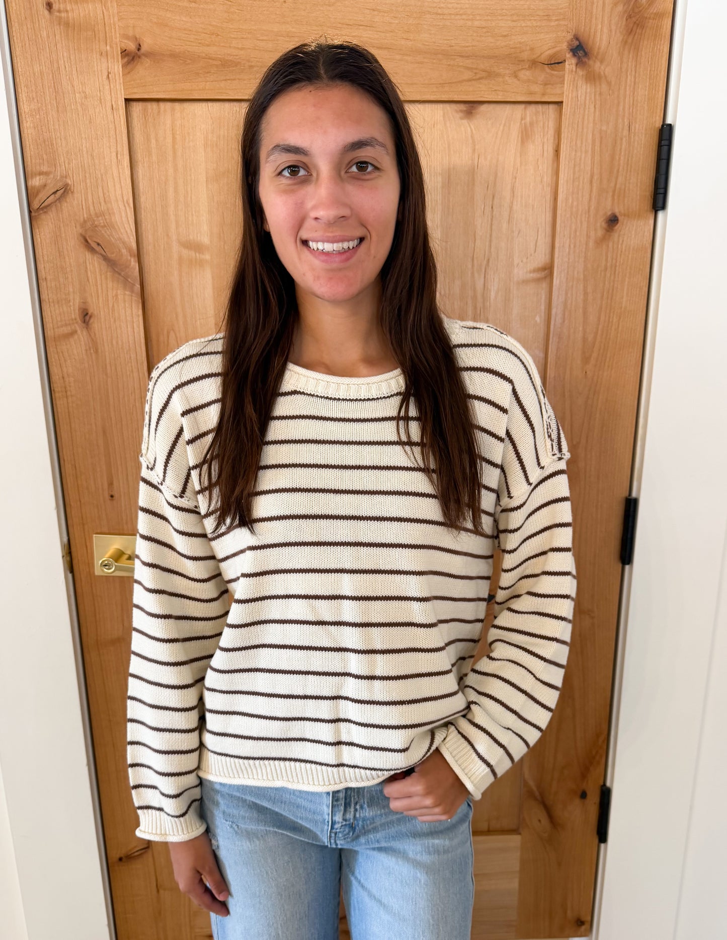 Striped Drop Shoulder Sweater, Cream