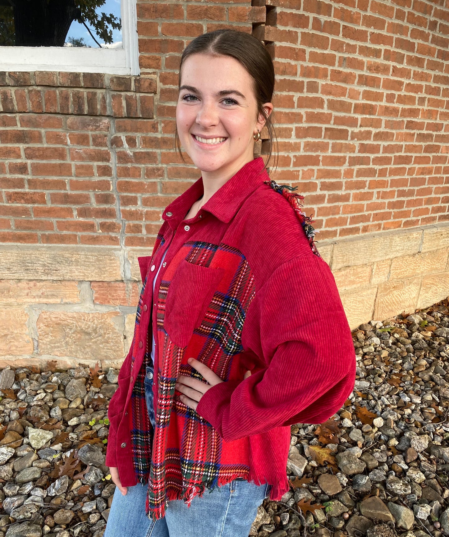 Frayed Corduroy Plaid Jacket, Red