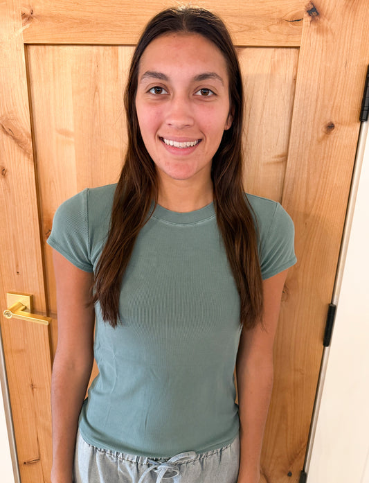Ribbed Short Sleeve Basic Top, Jade