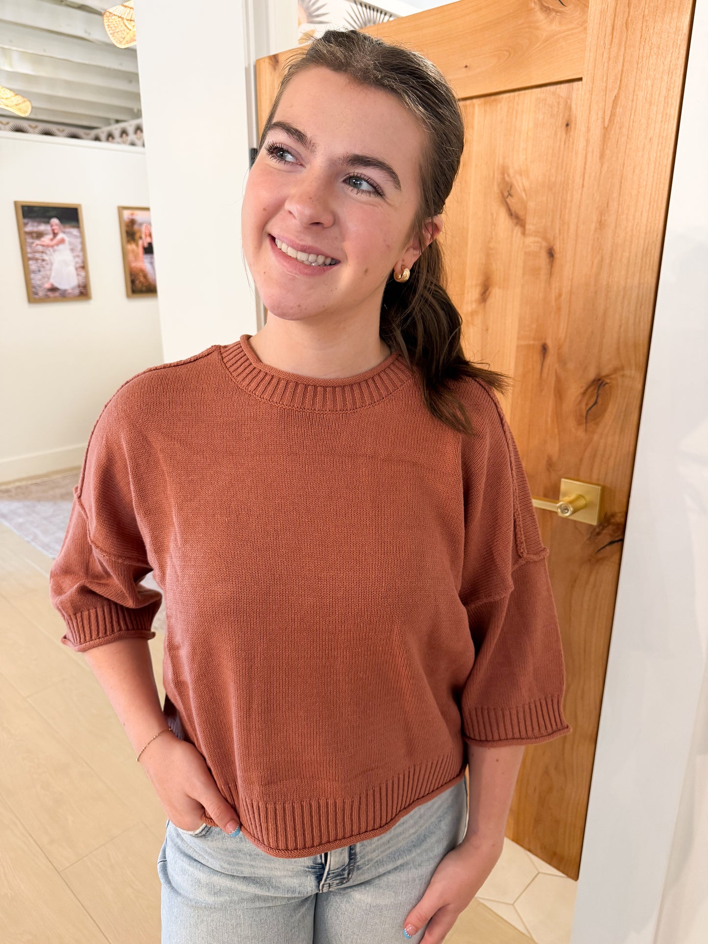 Exposed Seam Short Sleeve Sweater, Mulitple