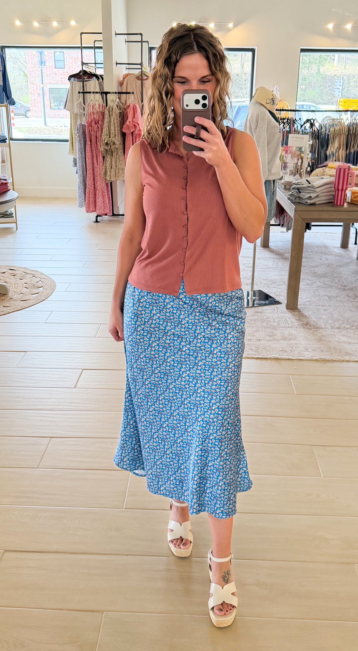 Floral Satin Mini Skirt, Blue