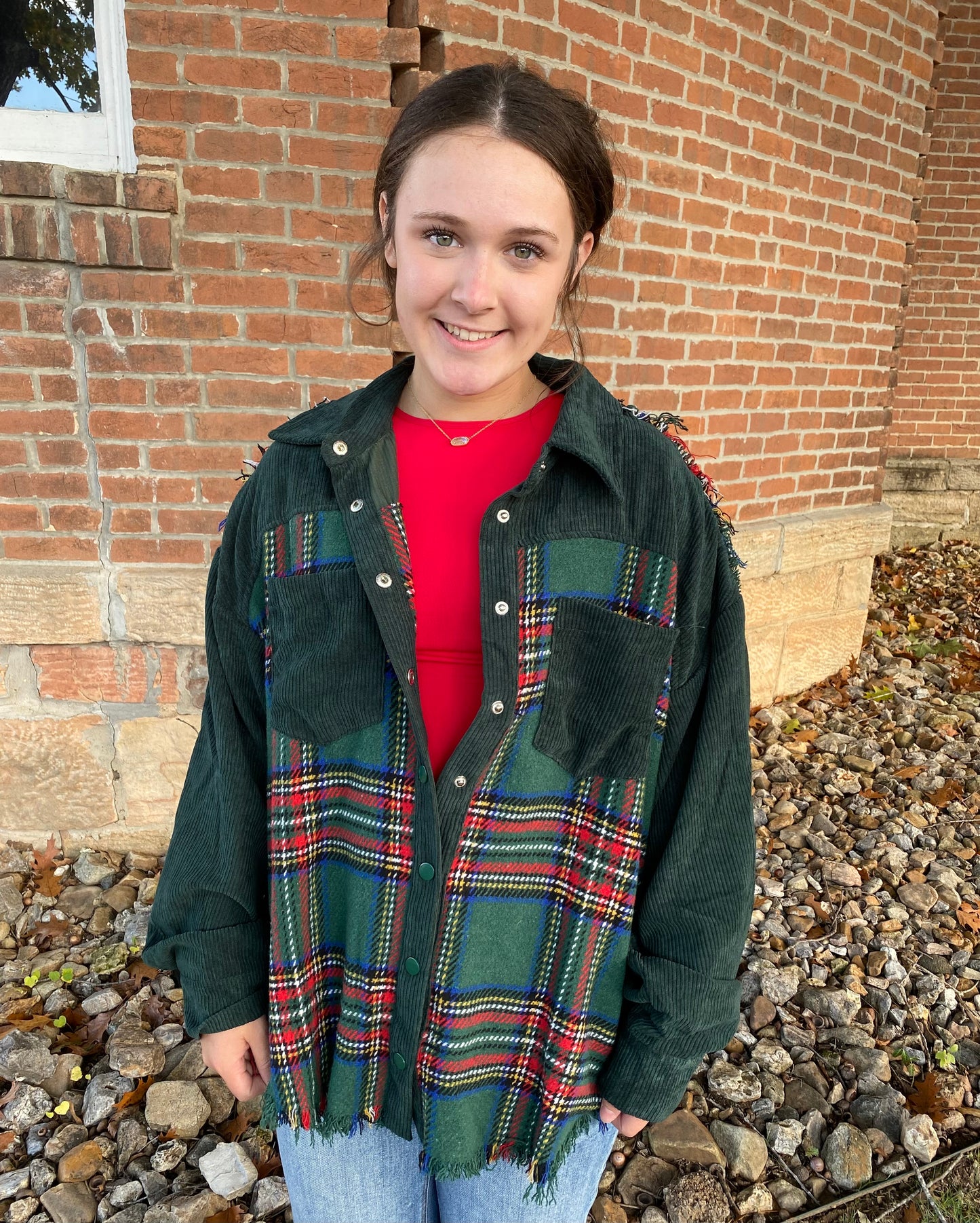 Frayed Corduroy Plaid Jacket, Green