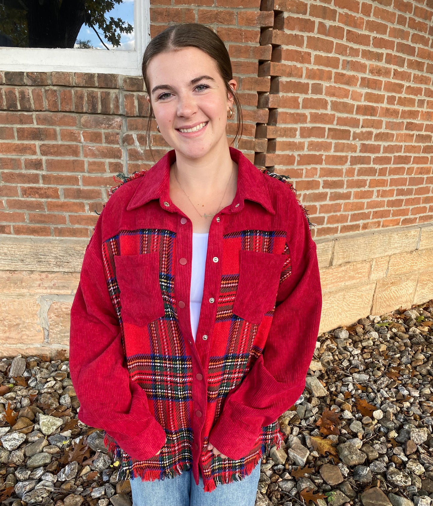 Frayed Corduroy Plaid Jacket, Red