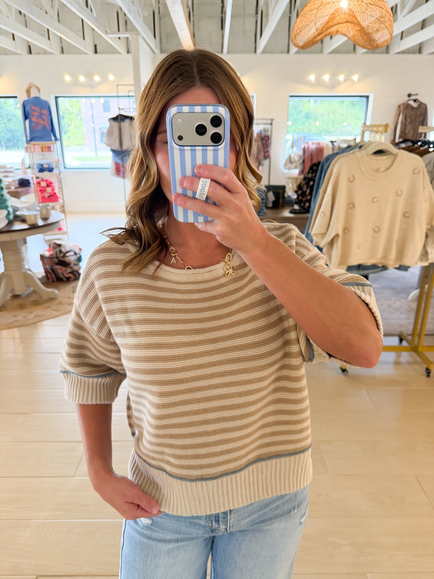 Stripe Contrast Half Sleeve Sweater, Khaki