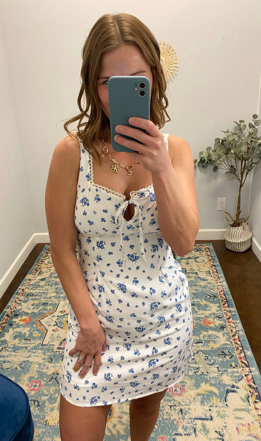 Floral Square Neck Lace Trim Dress, Blue