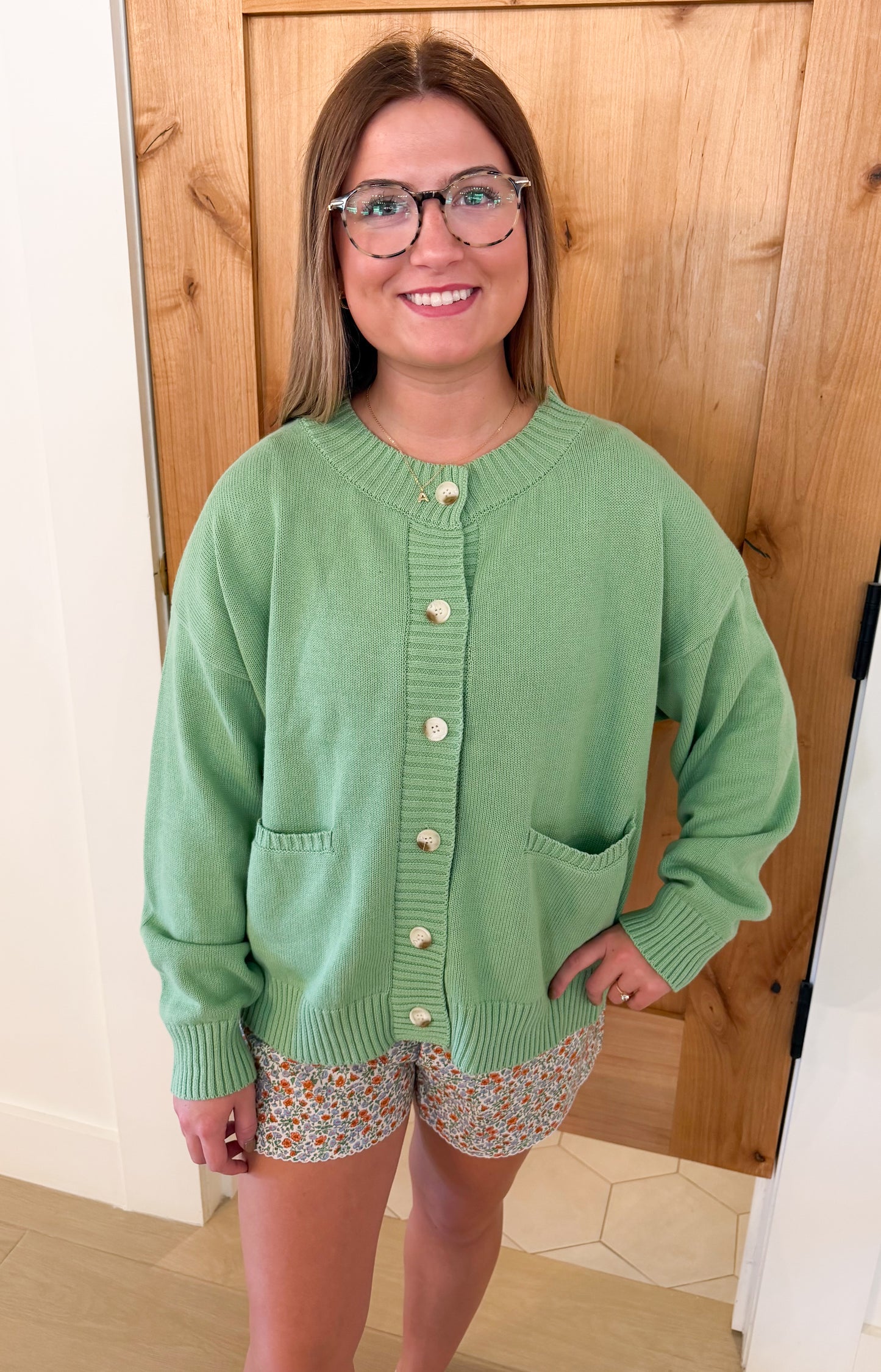 Relaxed Button Cardigan Sweater, Sage