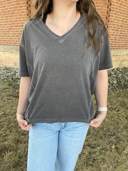 Washed Raw Edge V Neck Short Sleeve Knit Top, Charcoal