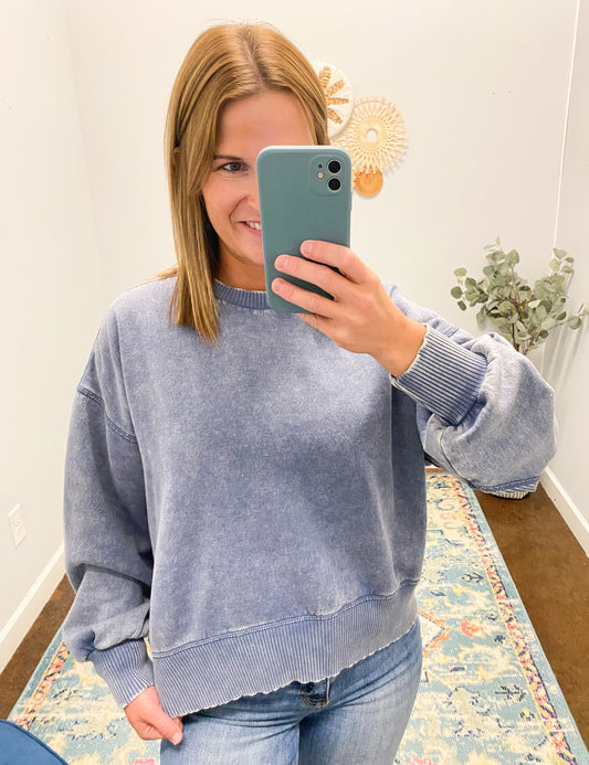 Acid Wash Oversized Fleece Pullover, Dusty Blue