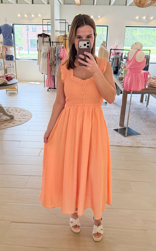 Sweetheart Smocked Midi Dress, Light Orange