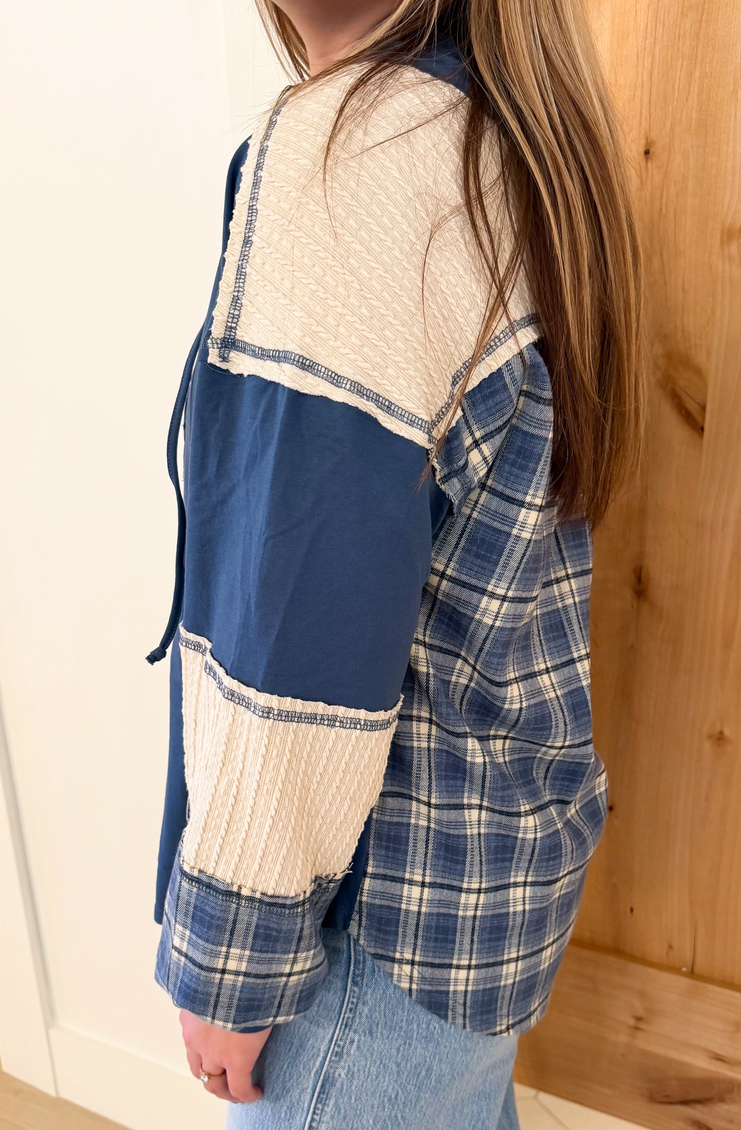 Plaid Contrast Hoodie Pullover, Denim