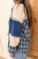 Plaid Contrast Hoodie Pullover, Denim