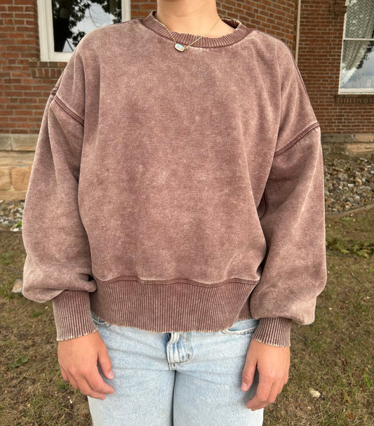 Acid Wash Oversized Fleece Pullover, Brown