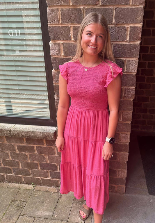 Smocked Tiered Midi Dress, Dusty Fuchsia