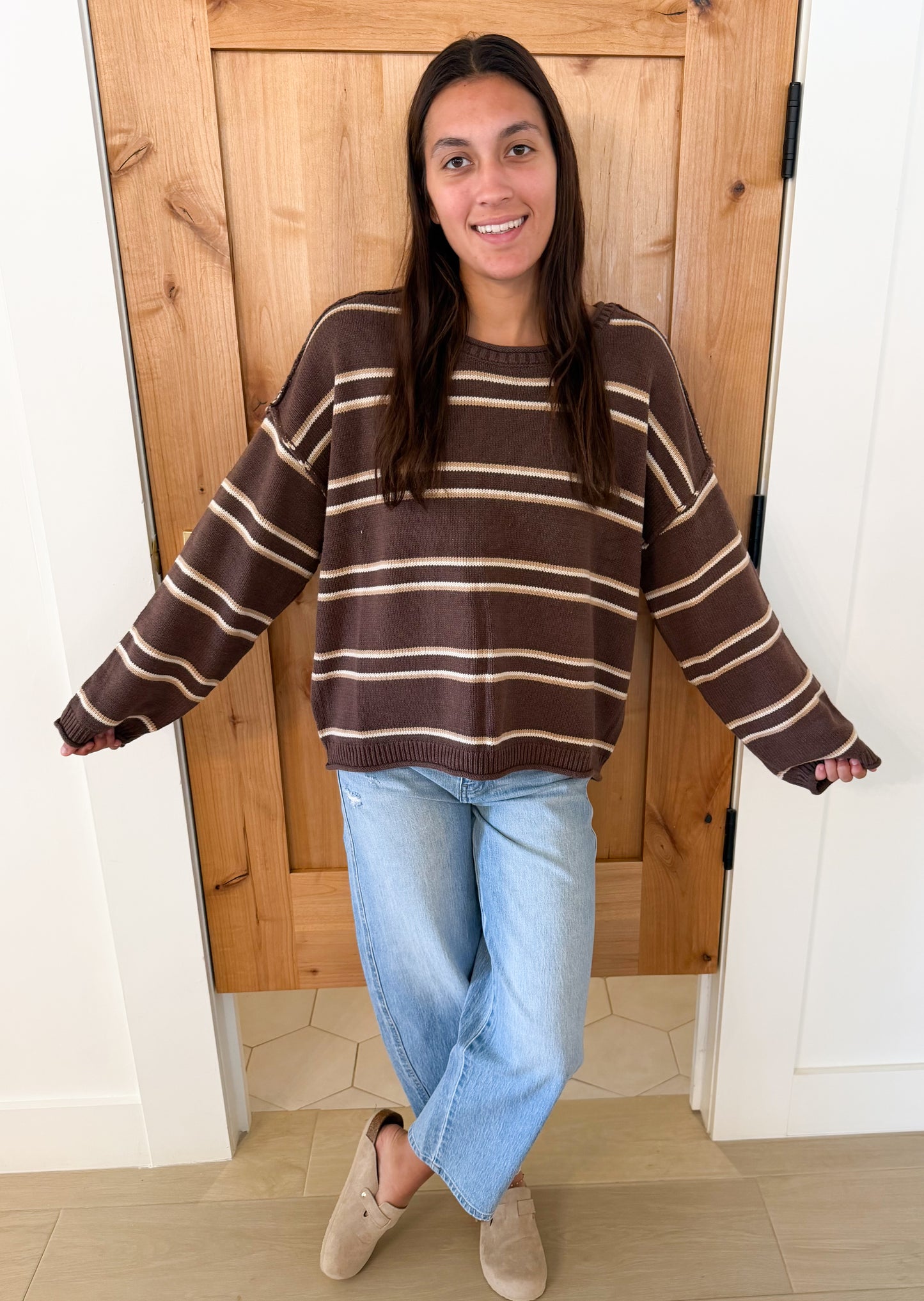 Exposed Seam Striped Sweater, Brown
