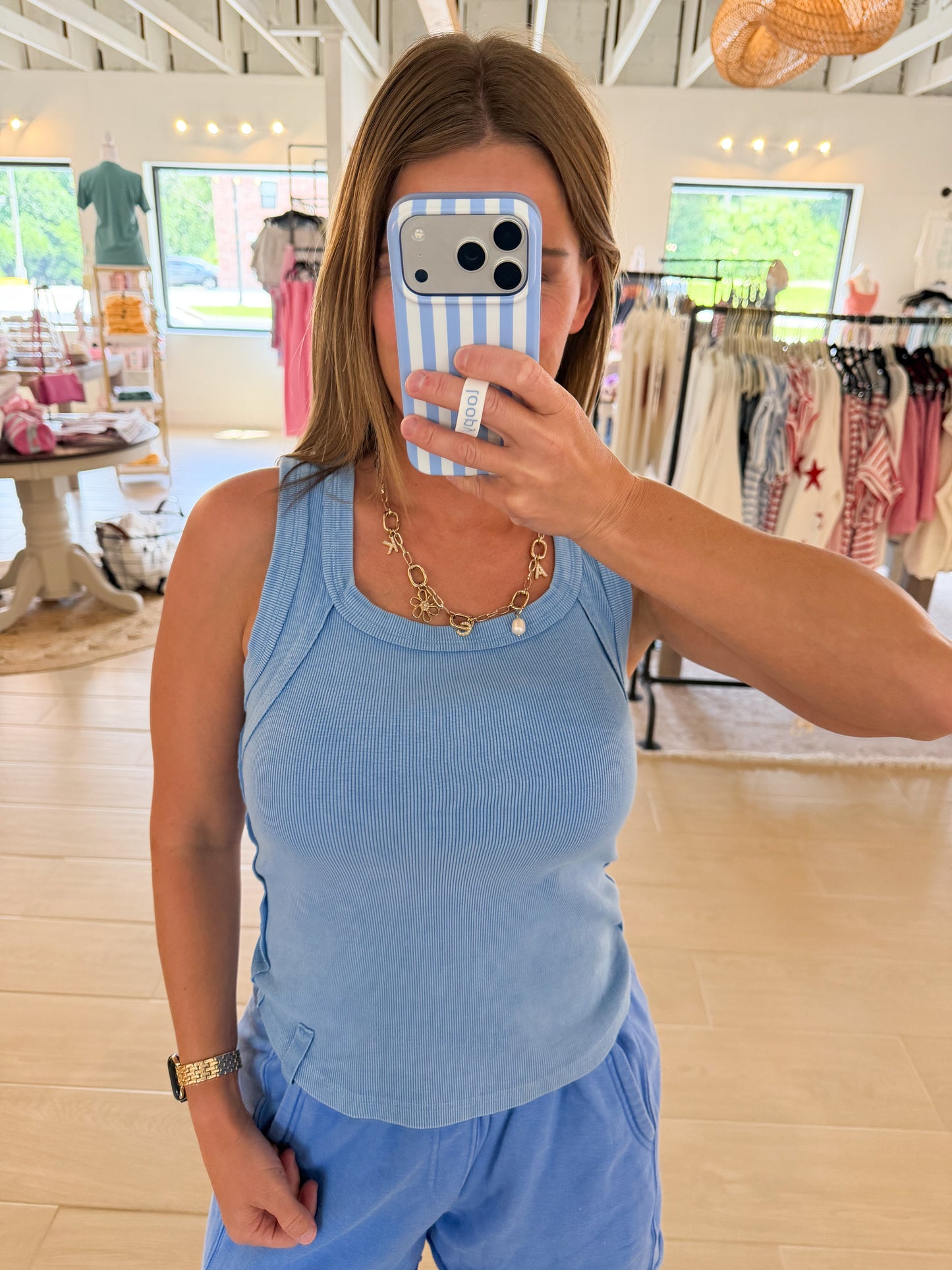 Mineral Washed Cotton Rib Tank, Aqua Splash
