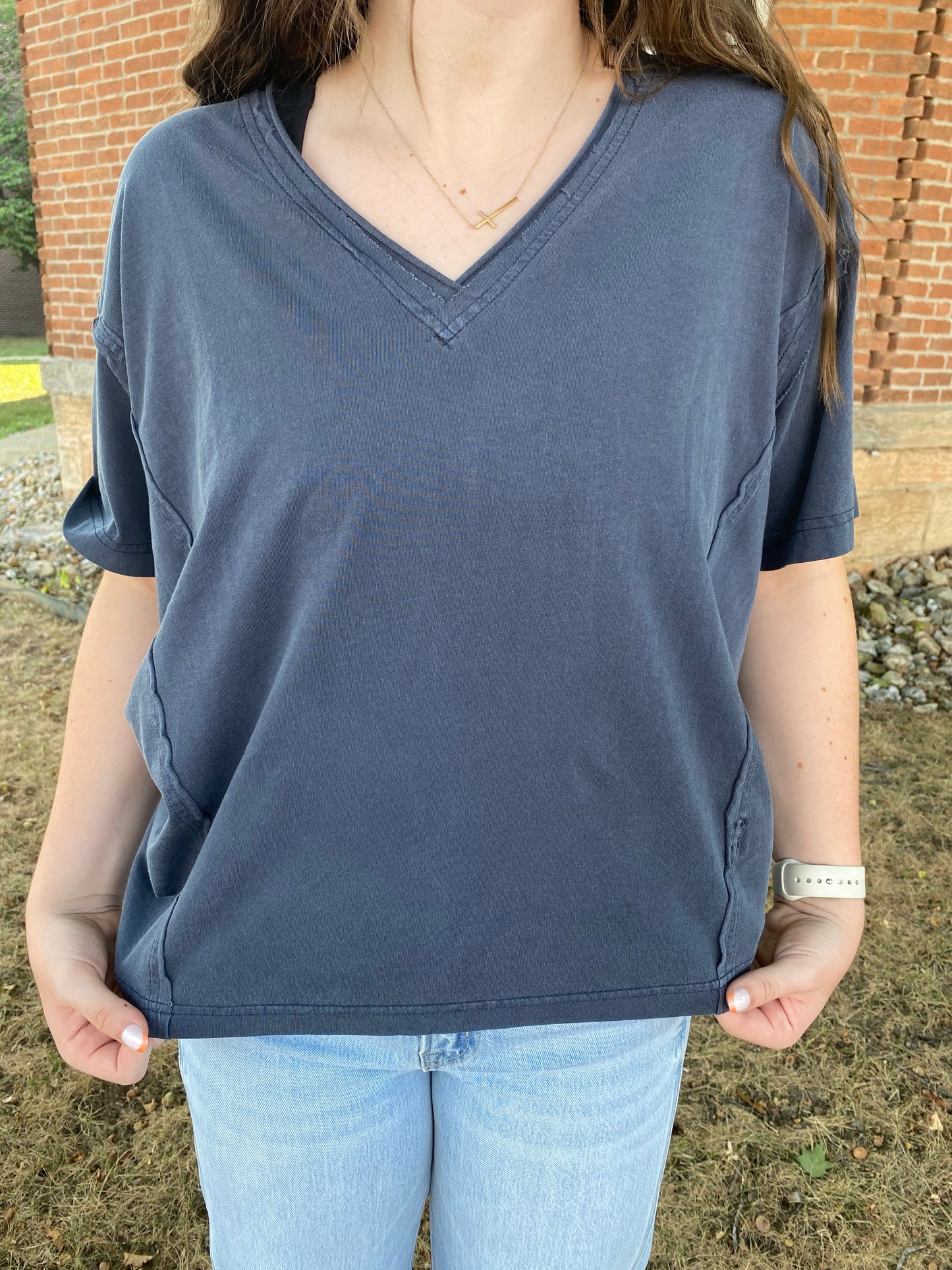 Washed Raw Edge V Neck Short Sleeve Knit Top, Navy