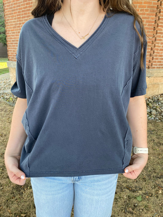 Washed Raw Edge V Neck Short Sleeve Knit Top, Navy