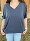 Washed Raw Edge V Neck Short Sleeve Knit Top, Navy