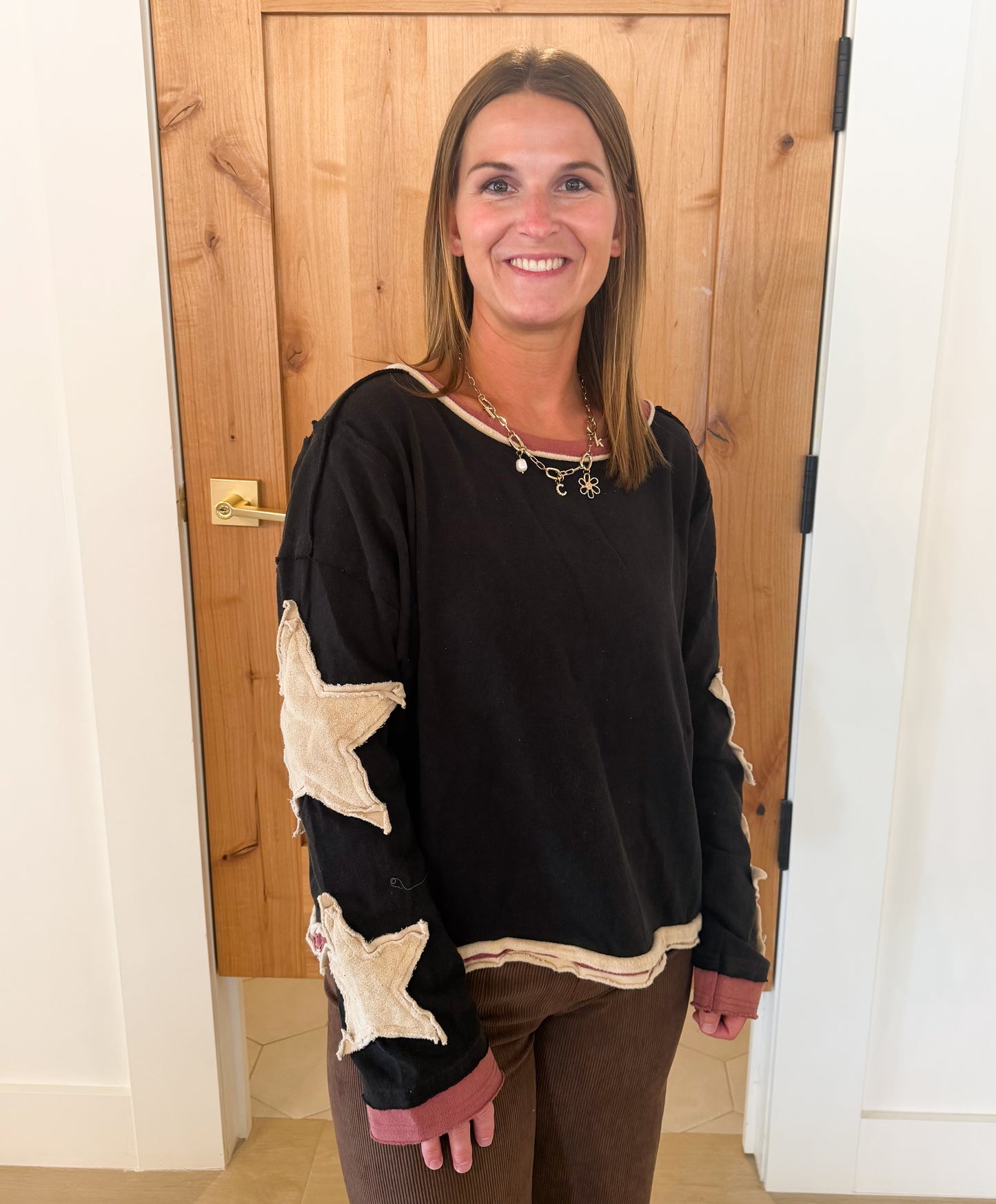 Washed Star Patch Long Sleeve Top, Ash Black