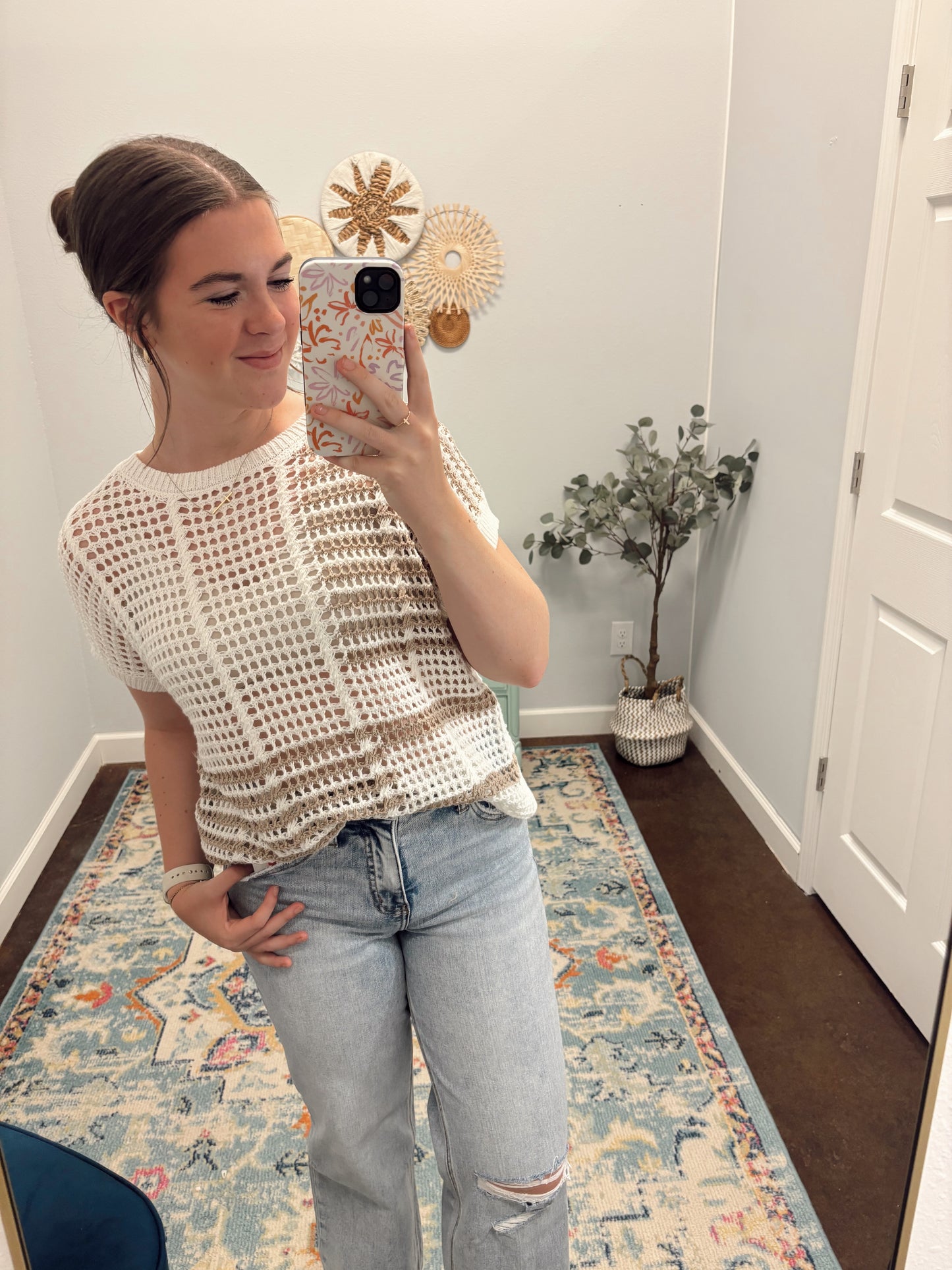 Multi Stripe Short Sleeve Sheer Crochet Knit Top