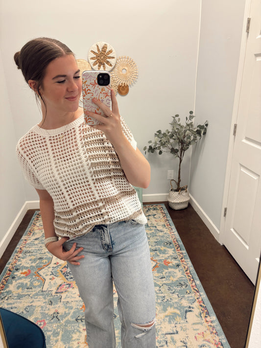 Multi Stripe Short Sleeve Sheer Crochet Knit Top