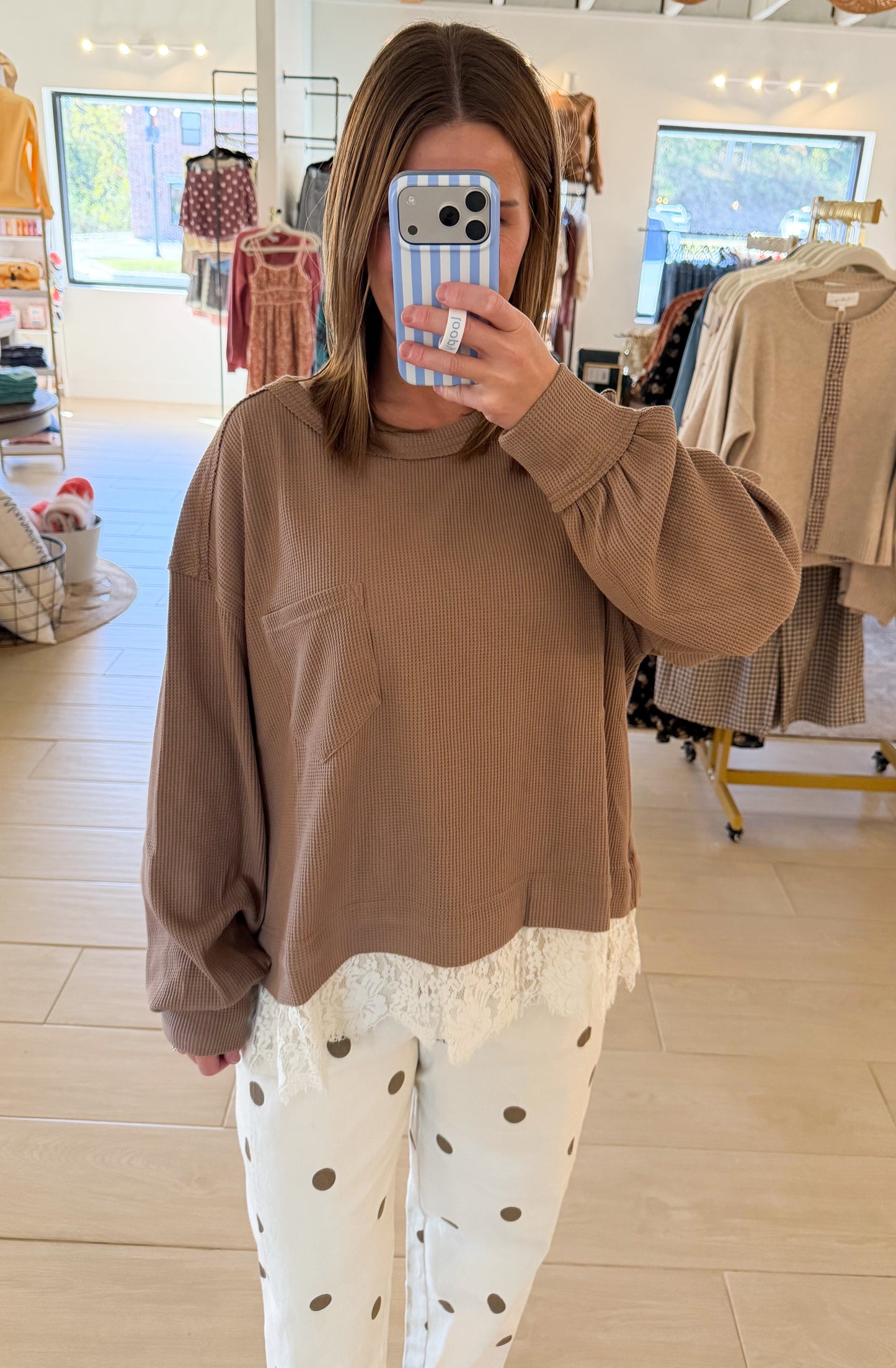 Lace Trim Thermal Top, Latte
