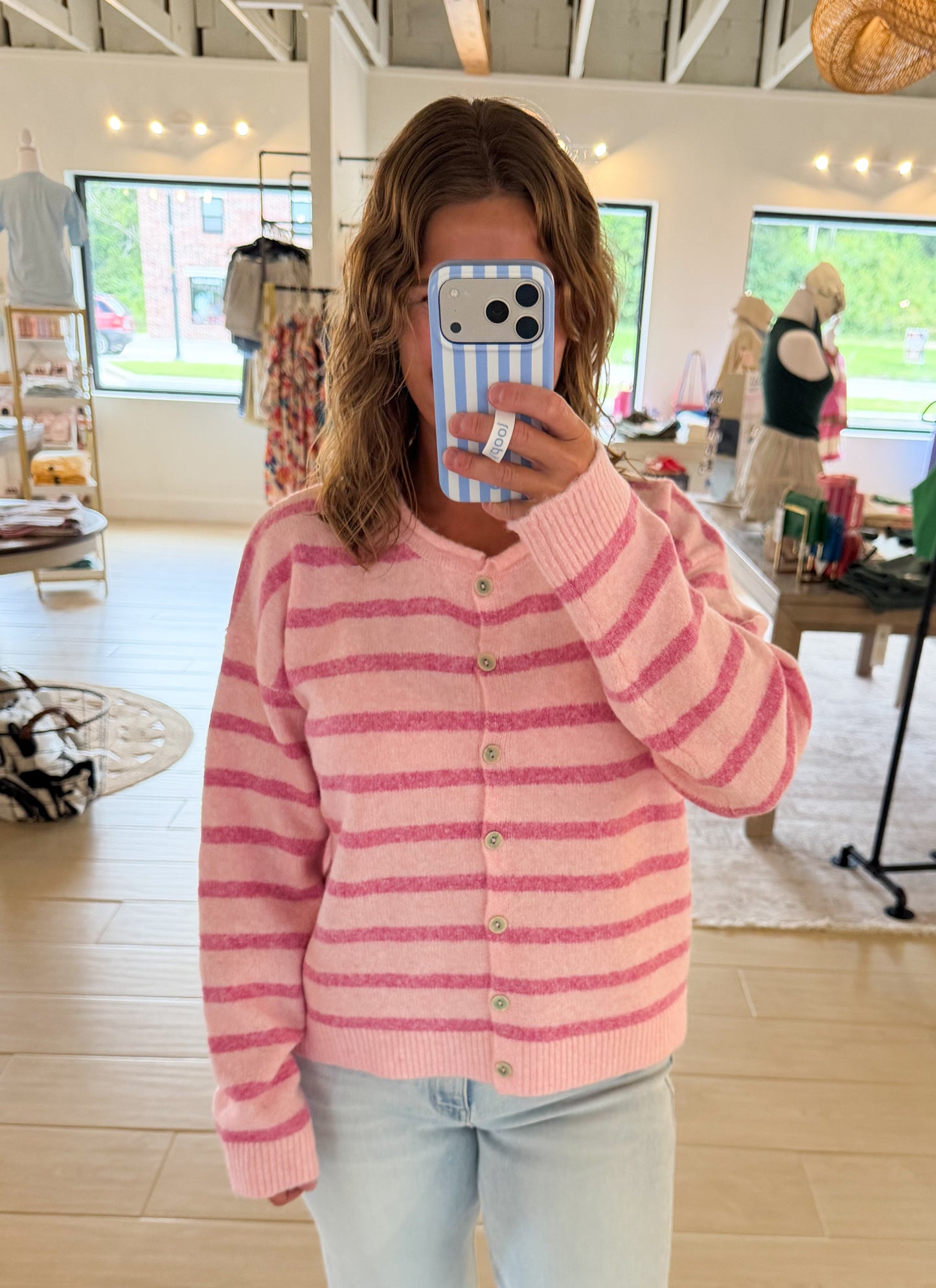 Striped Sweater Cardigan, Ballet Pink