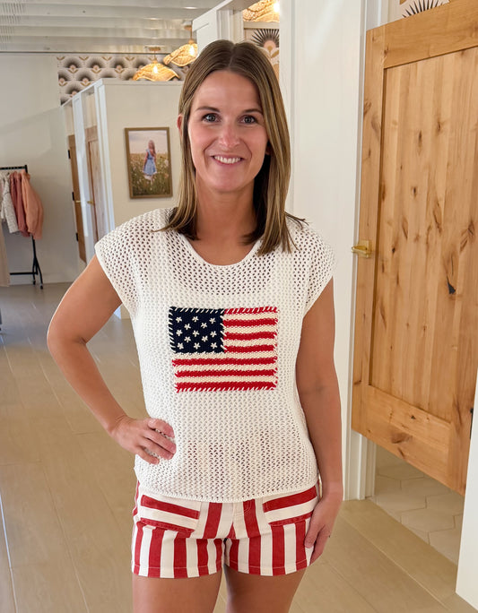Stars & Stripes Knit Cap Sleeve Top