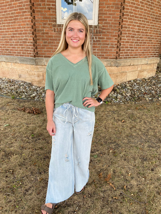 Washed Raw Edge V Neck Short Sleeve Knit Top, Olive