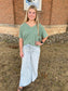 Washed Raw Edge V Neck Short Sleeve Knit Top, Olive