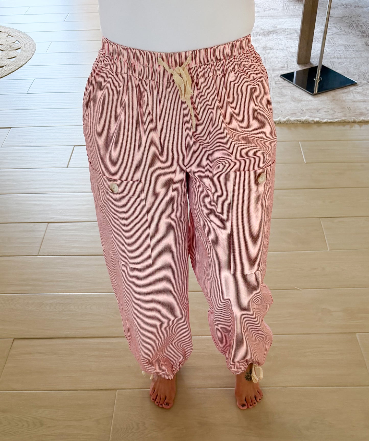 Striped Cargo Tie-Hem Pants, Red