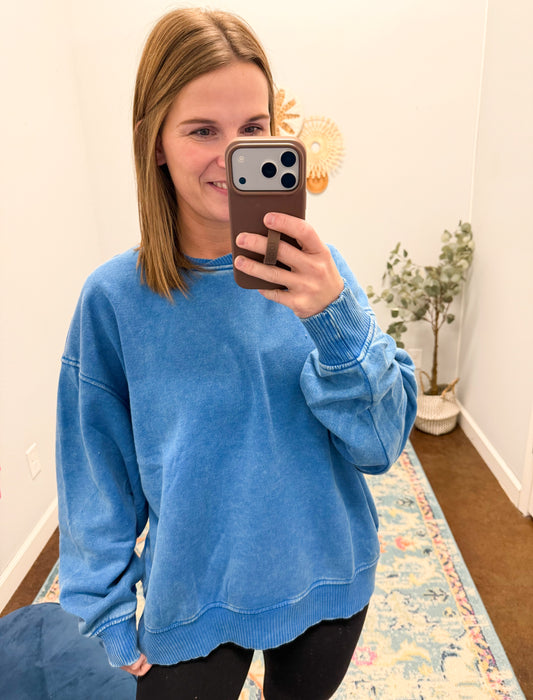 Acid Washed Oversized Fleece Pullover, Ocean Blue