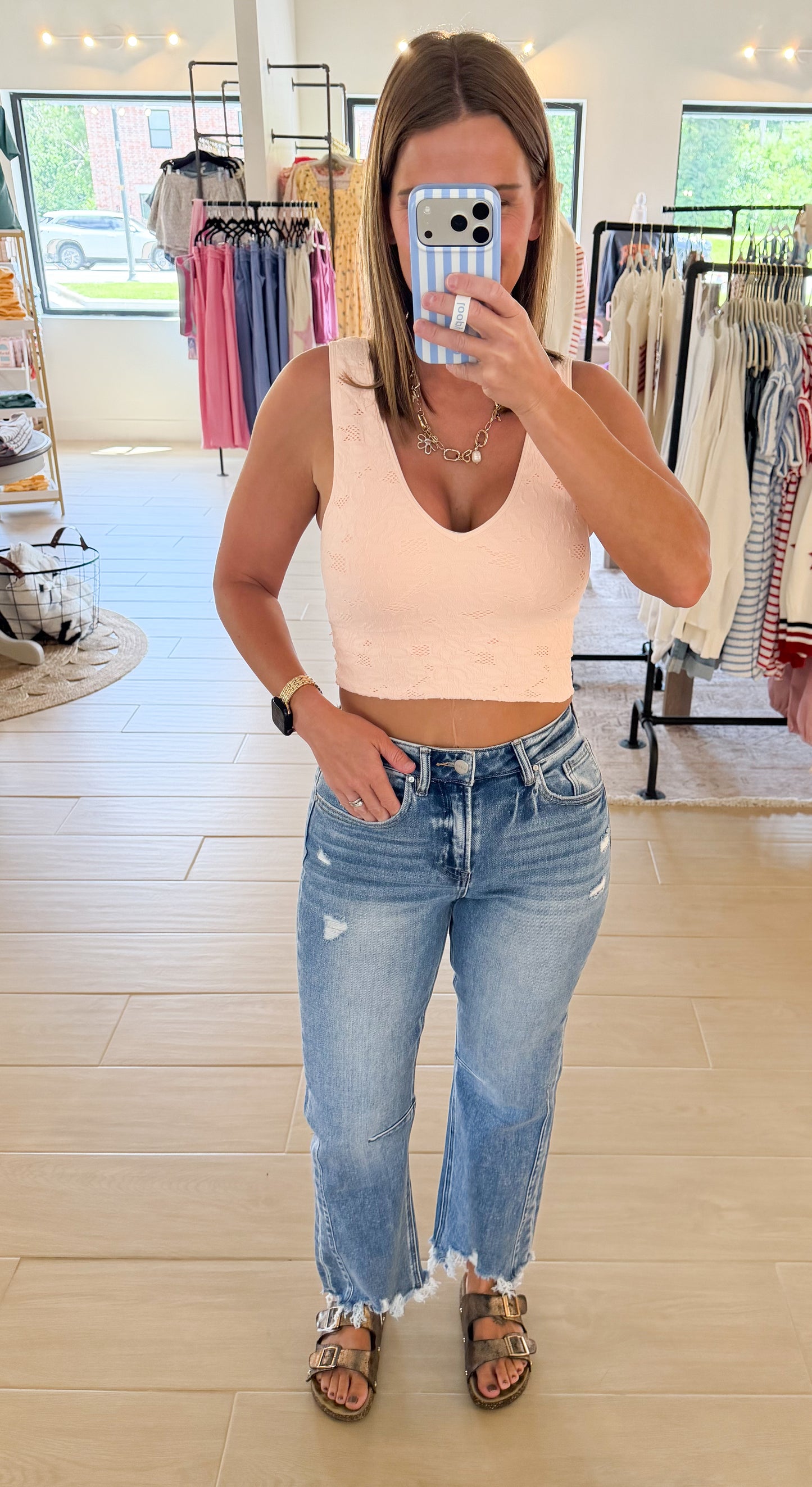 Risen High Rise Crop Straight Distressed Jeans