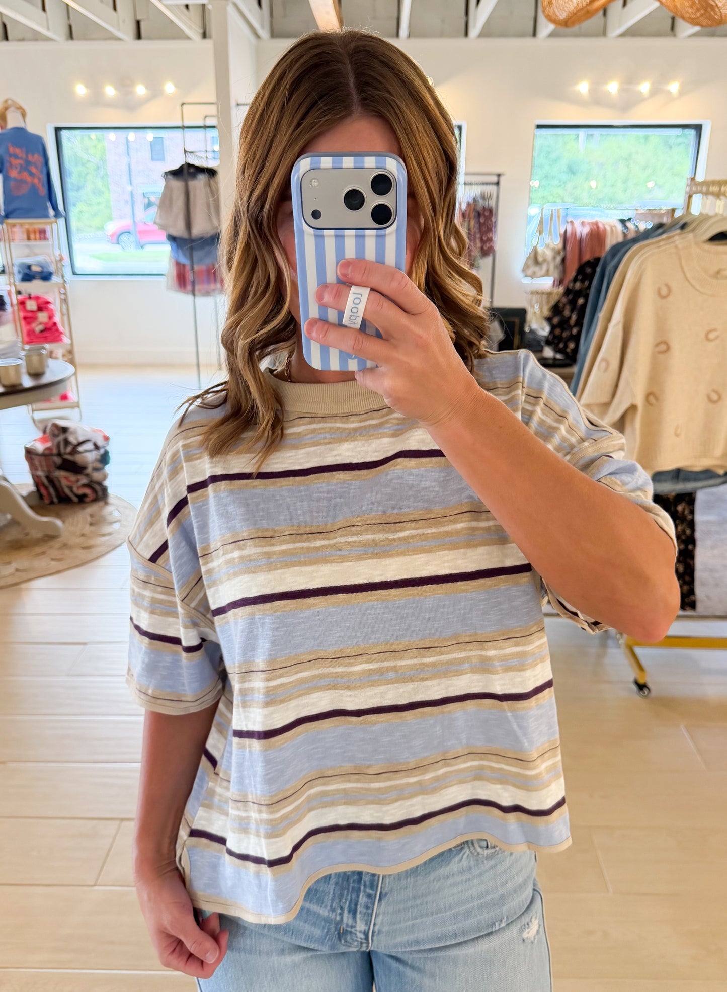 Striped Boxy T-Shirt, Blueberry